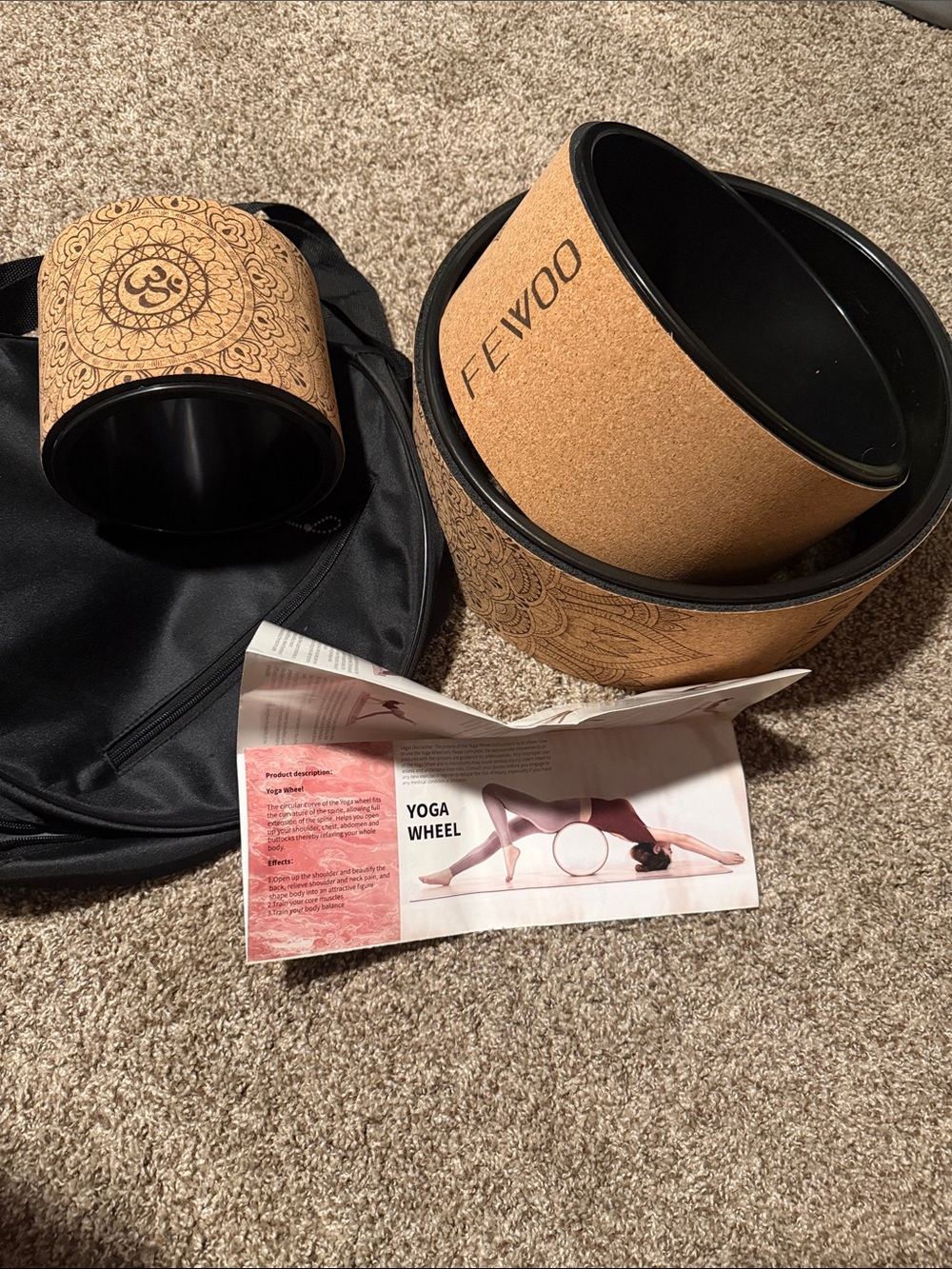 Set of 3 cork-covered yoga wheels w/adjustable strap case (NWOT)
